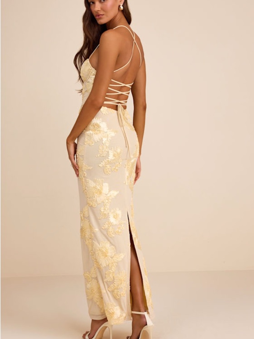 Lulus Nantessa Pale Yellow Floral Applique Lace-Up Back Maxi Dress Slit Medium - Picture 5 of 11